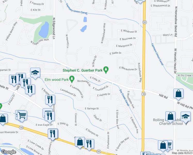 map of restaurants, bars, coffee shops, grocery stores, and more near 2164 East Celia Street in Eagle