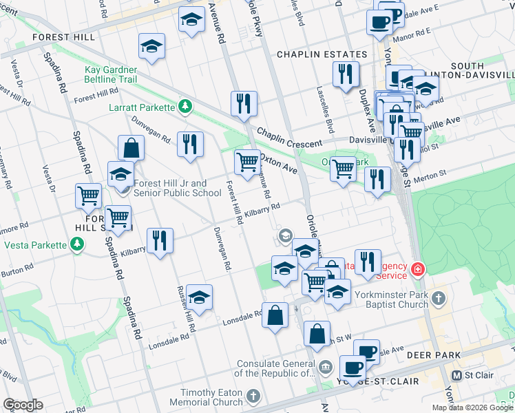 map of restaurants, bars, coffee shops, grocery stores, and more near 86 Kilbarry Road in Toronto