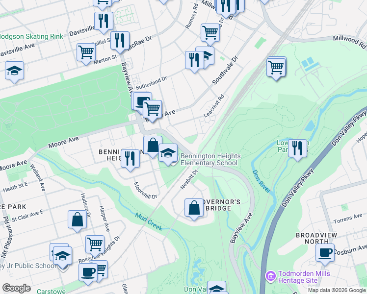 map of restaurants, bars, coffee shops, grocery stores, and more near 739 Bayview Avenue in Toronto
