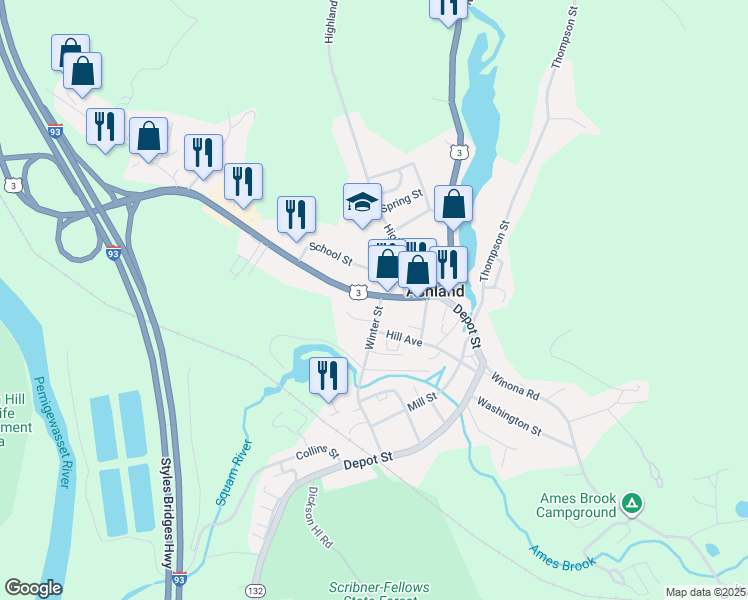 map of restaurants, bars, coffee shops, grocery stores, and more near 71 Main Street in Ashland