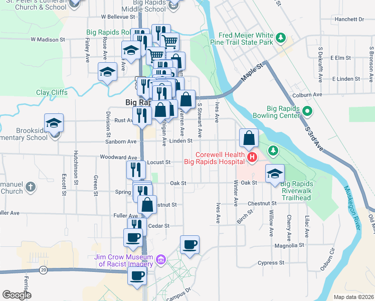 map of restaurants, bars, coffee shops, grocery stores, and more near 316 South Warren Avenue in Big Rapids