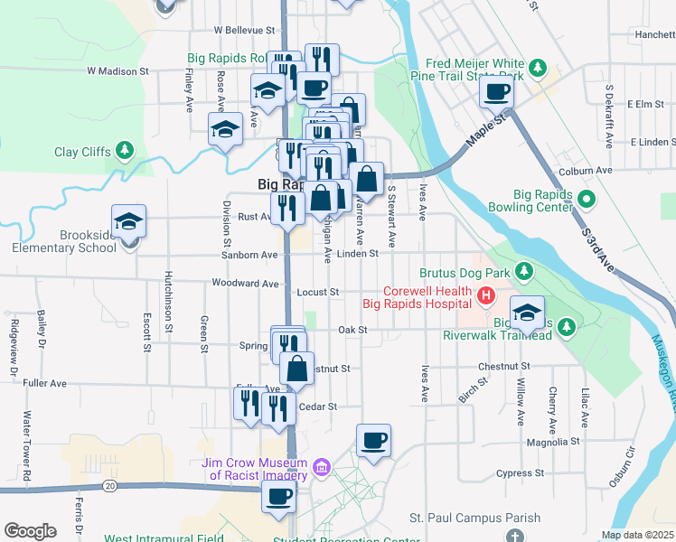 map of restaurants, bars, coffee shops, grocery stores, and more near 324 South Michigan Avenue in Big Rapids