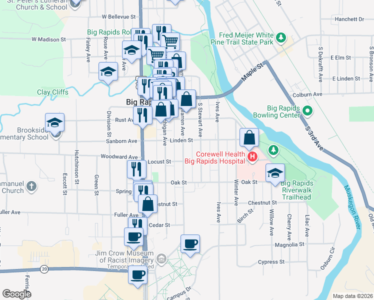 map of restaurants, bars, coffee shops, grocery stores, and more near 316 South Warren Avenue in Big Rapids