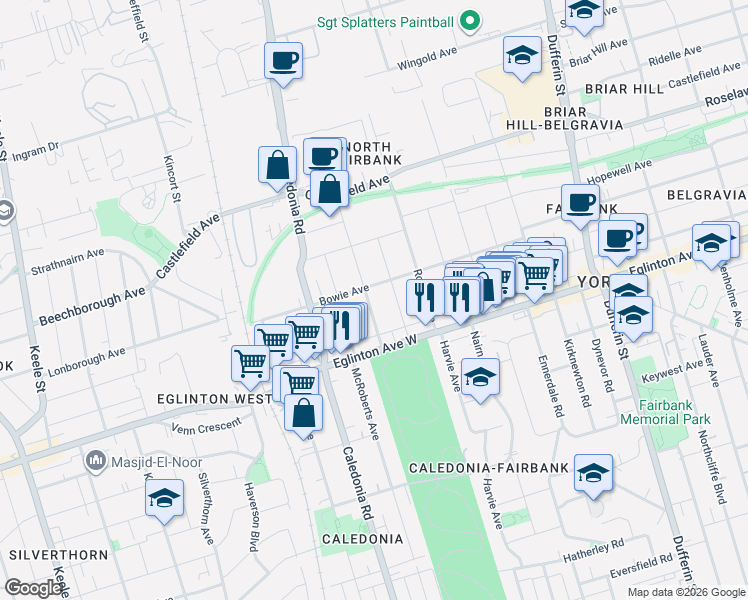 map of restaurants, bars, coffee shops, grocery stores, and more near 35 Montcalm Avenue in Toronto