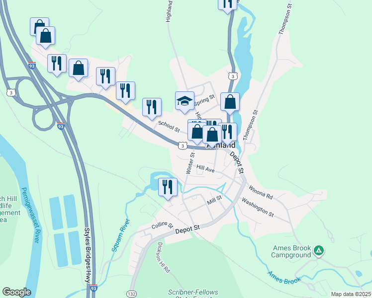 map of restaurants, bars, coffee shops, grocery stores, and more near 71 Main Street in Ashland