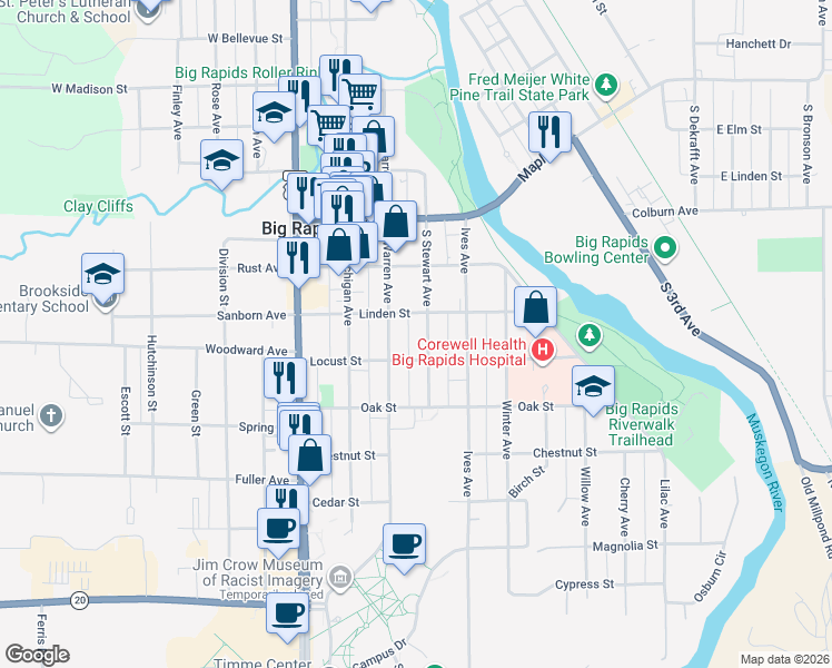 map of restaurants, bars, coffee shops, grocery stores, and more near 322 South Stewart Avenue in Big Rapids
