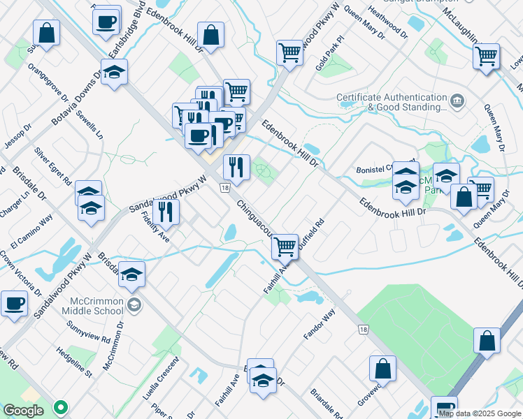 map of restaurants, bars, coffee shops, grocery stores, and more near 55 Redfinch Way in Brampton