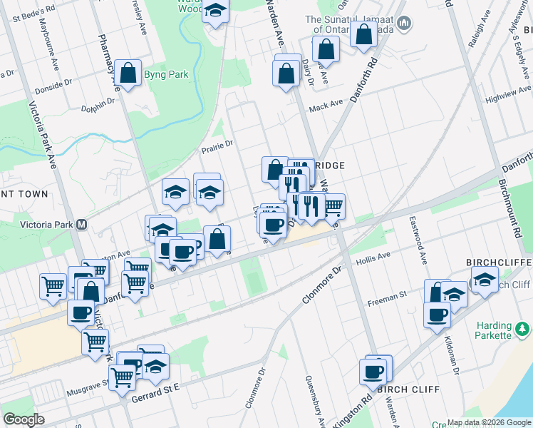 map of restaurants, bars, coffee shops, grocery stores, and more near 103 Denton Avenue in Toronto