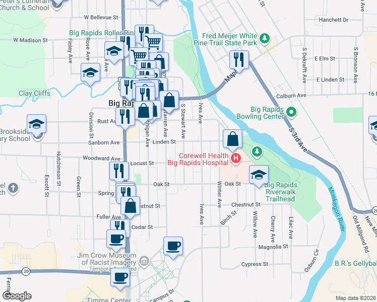 map of restaurants, bars, coffee shops, grocery stores, and more near 315 South Stewart Avenue in Big Rapids