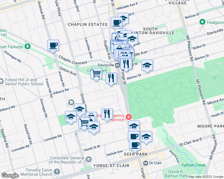 map of restaurants, bars, coffee shops, grocery stores, and more near 19 Brentdale Drive in Toronto