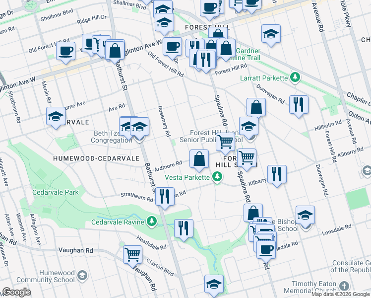 map of restaurants, bars, coffee shops, grocery stores, and more near in Toronto