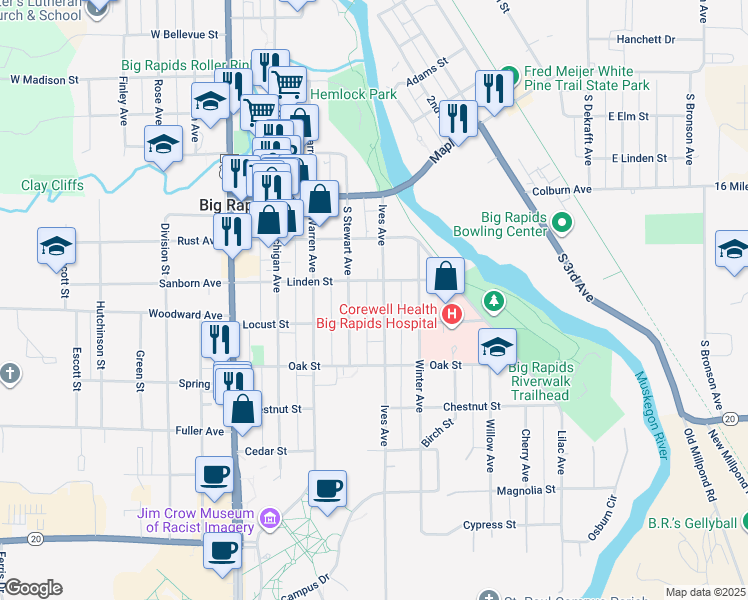 map of restaurants, bars, coffee shops, grocery stores, and more near 329 Ives Avenue in Big Rapids