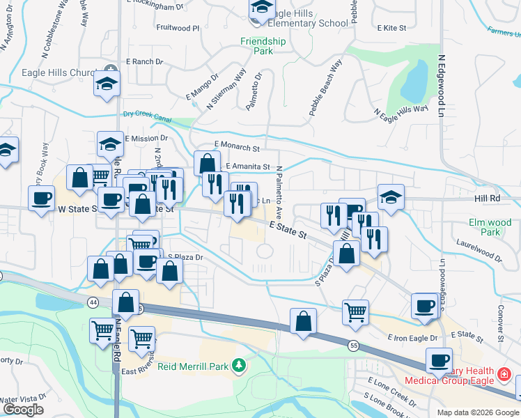 map of restaurants, bars, coffee shops, grocery stores, and more near 768 East State Street in Eagle