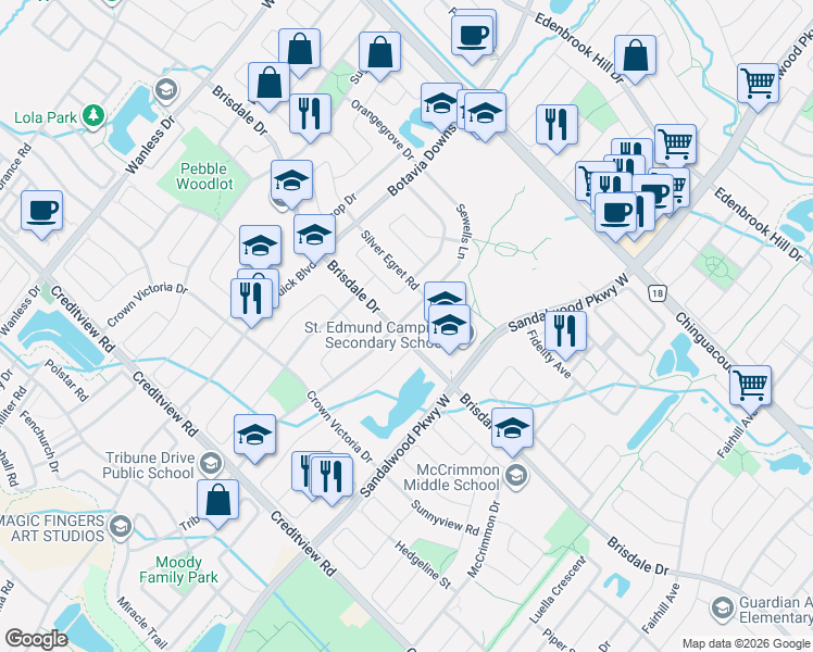 map of restaurants, bars, coffee shops, grocery stores, and more near 3 Sewells Lane in Brampton