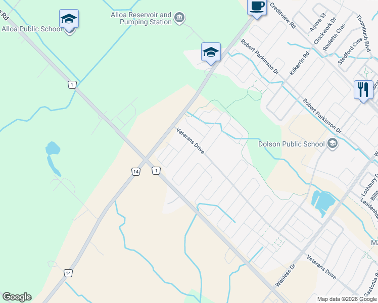 map of restaurants, bars, coffee shops, grocery stores, and more near 146 Adventura Road in Brampton