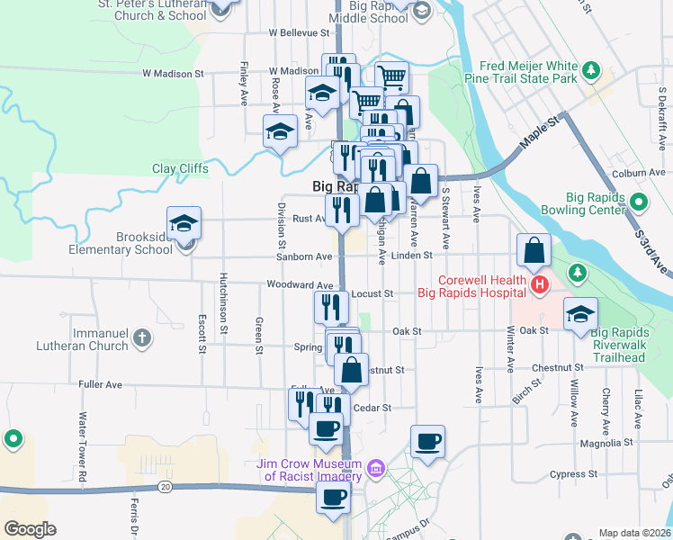 map of restaurants, bars, coffee shops, grocery stores, and more near 314 South State Street in Big Rapids