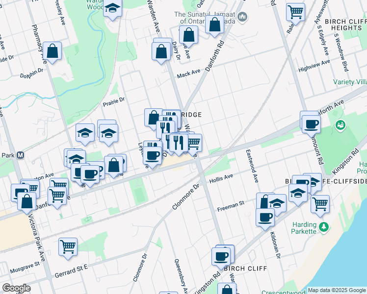 map of restaurants, bars, coffee shops, grocery stores, and more near 3462 Danforth Avenue in Toronto
