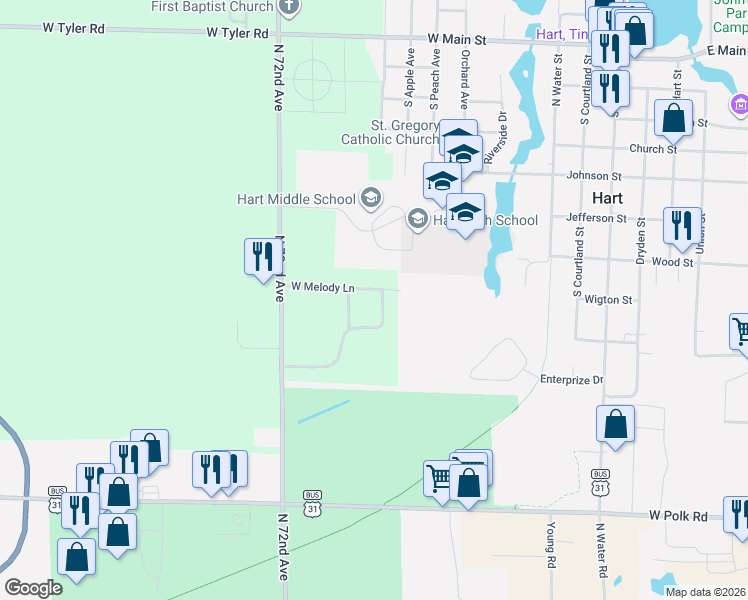map of restaurants, bars, coffee shops, grocery stores, and more near 2718 Morningside Drive in Hart