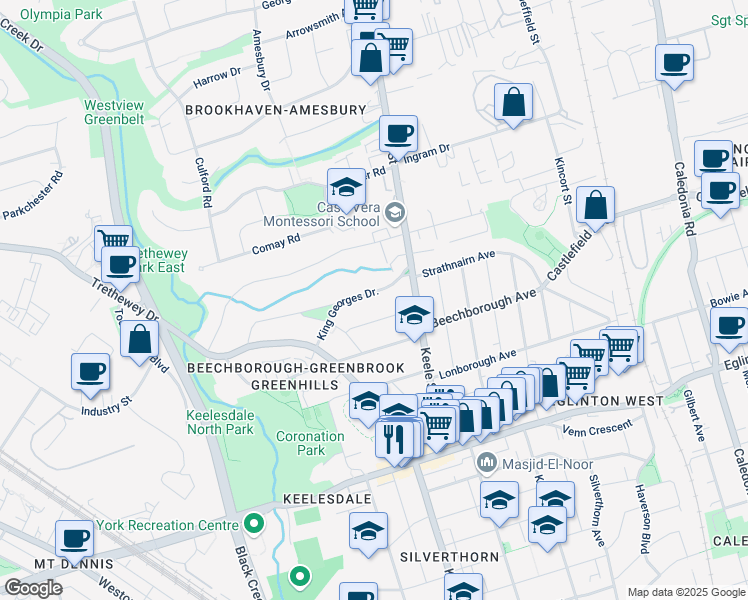 map of restaurants, bars, coffee shops, grocery stores, and more near 17 King Georges Drive in Toronto
