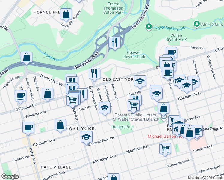 map of restaurants, bars, coffee shops, grocery stores, and more near in Toronto