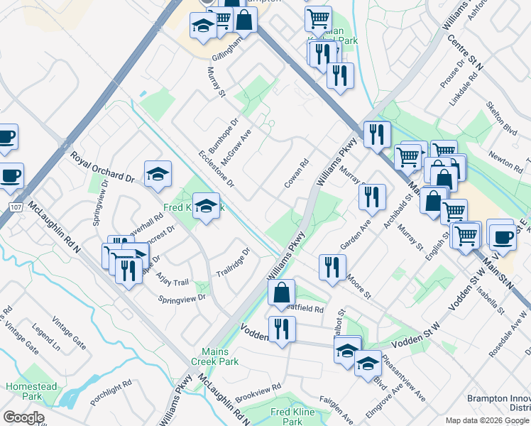 map of restaurants, bars, coffee shops, grocery stores, and more near Rotherglen Court in Brampton