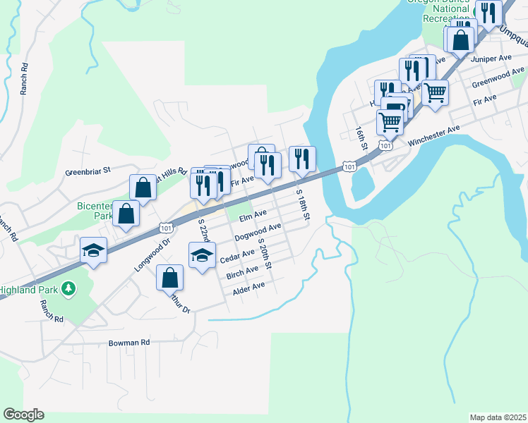 map of restaurants, bars, coffee shops, grocery stores, and more near 1950 Elm Avenue in Reedsport