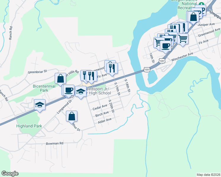 map of restaurants, bars, coffee shops, grocery stores, and more near 1950 Elm Avenue in Reedsport