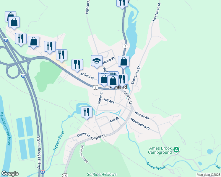 map of restaurants, bars, coffee shops, grocery stores, and more near 55 Main Street in Ashland