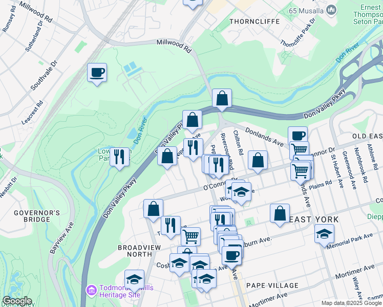 map of restaurants, bars, coffee shops, grocery stores, and more near in Toronto