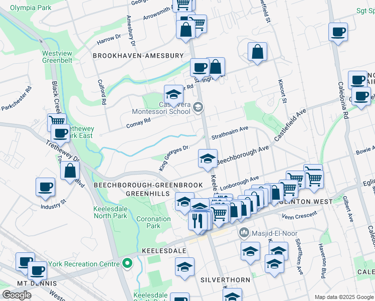 map of restaurants, bars, coffee shops, grocery stores, and more near in Toronto