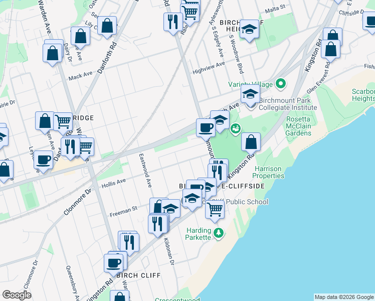 map of restaurants, bars, coffee shops, grocery stores, and more near in Toronto