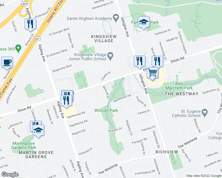 map of restaurants, bars, coffee shops, grocery stores, and more near 11 Wincott Drive in Toronto