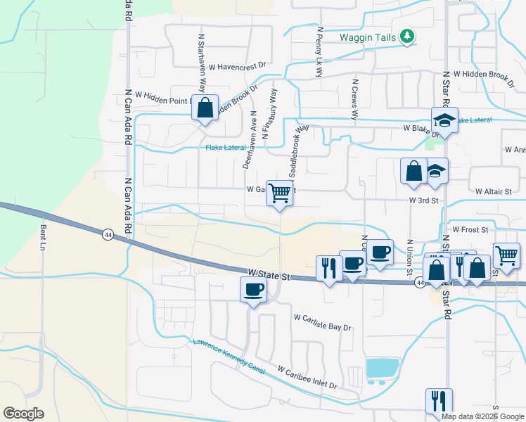 map of restaurants, bars, coffee shops, grocery stores, and more near 12071 West Endsley Street in Star