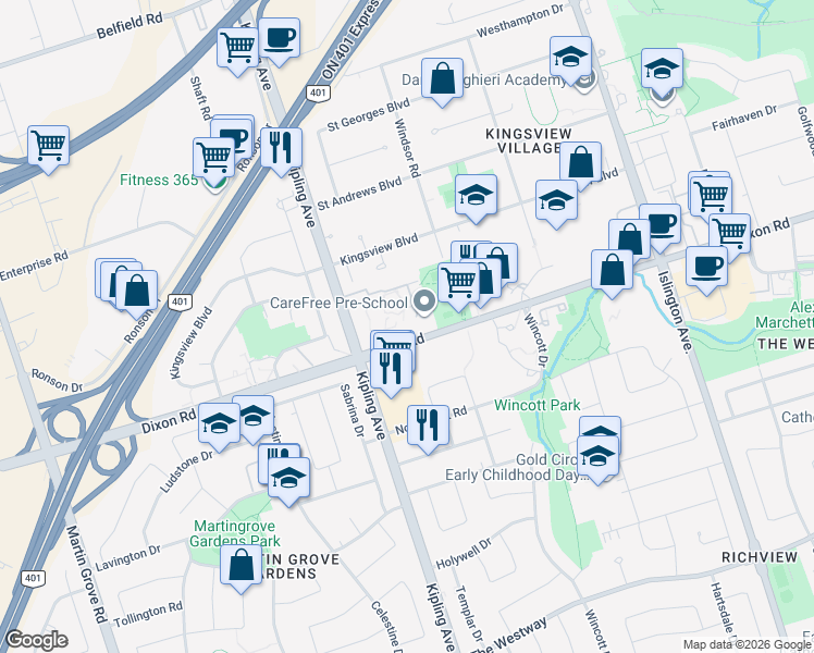 map of restaurants, bars, coffee shops, grocery stores, and more near 380 Dixon Road in Toronto
