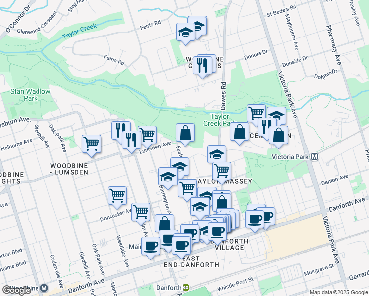 map of restaurants, bars, coffee shops, grocery stores, and more near 75 Eastdale Avenue in Toronto