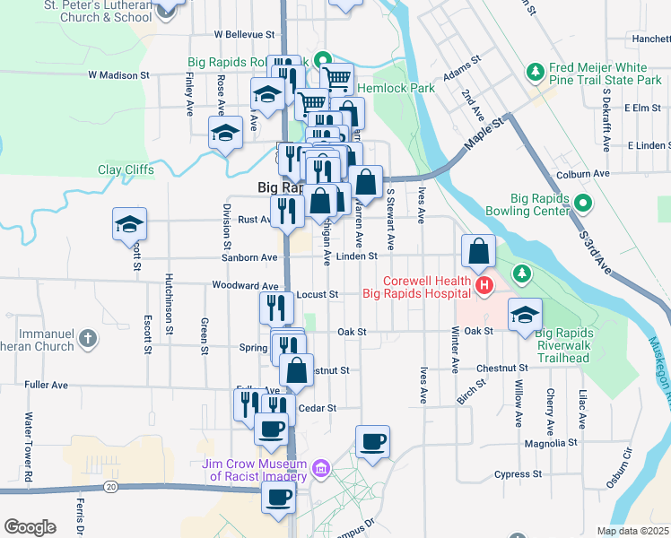 map of restaurants, bars, coffee shops, grocery stores, and more near 309 South Michigan Avenue in Big Rapids