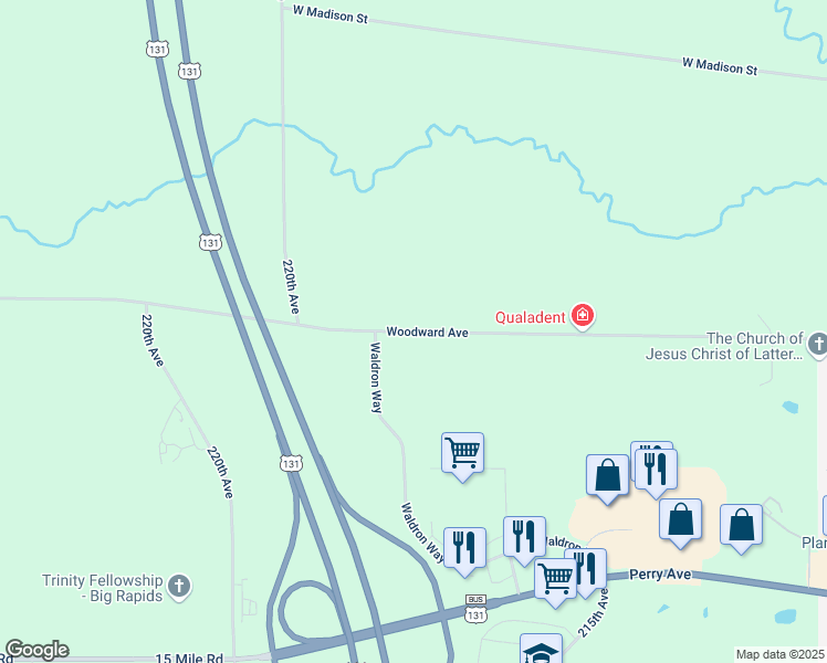 map of restaurants, bars, coffee shops, grocery stores, and more near 21590 Woodward Avenue in Big Rapids