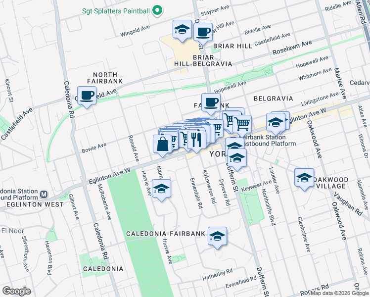 map of restaurants, bars, coffee shops, grocery stores, and more near 1944 Eglinton Avenue West in Toronto