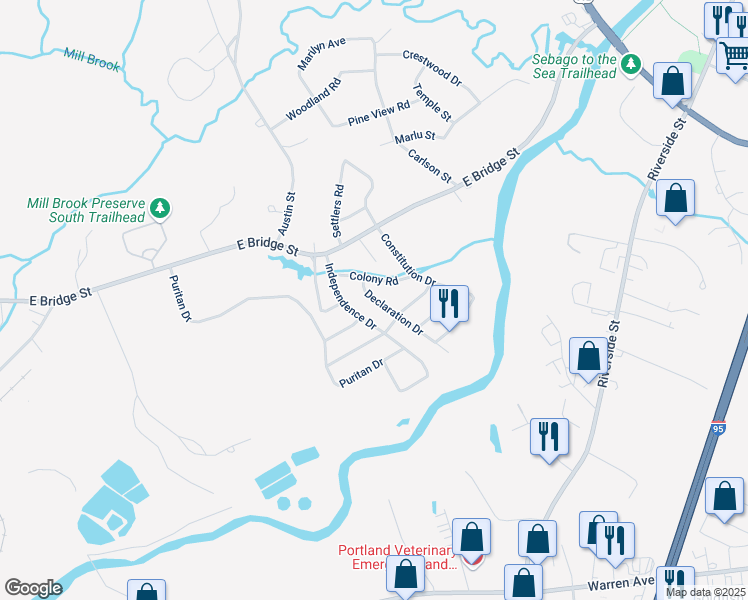 map of restaurants, bars, coffee shops, grocery stores, and more near 9 Declaration Drive in Westbrook