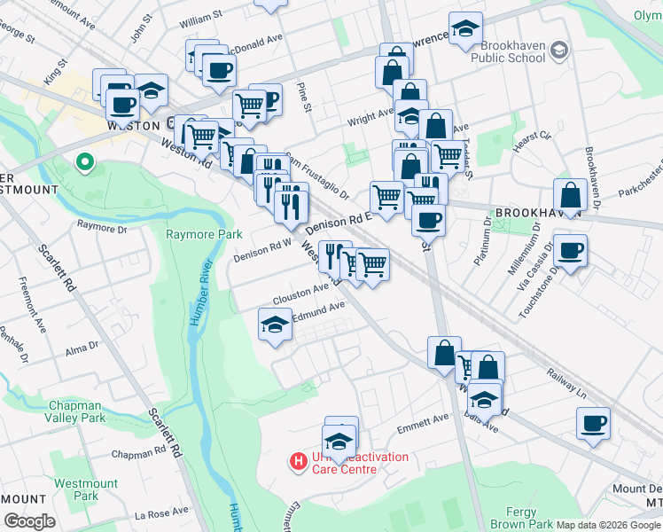 map of restaurants, bars, coffee shops, grocery stores, and more near 1561 Weston Road in Toronto