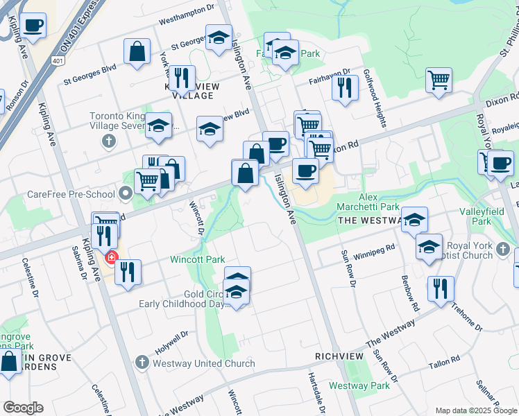 map of restaurants, bars, coffee shops, grocery stores, and more near 263 Dixon Road in Toronto