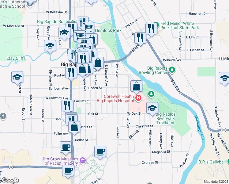 map of restaurants, bars, coffee shops, grocery stores, and more near 310 Ives Avenue in Big Rapids