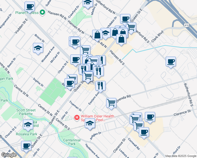 map of restaurants, bars, coffee shops, grocery stores, and more near in Brampton