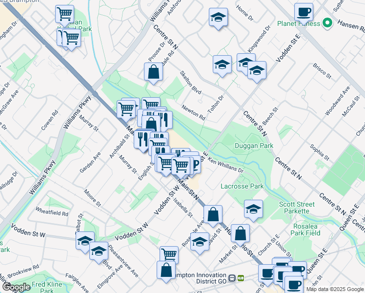 map of restaurants, bars, coffee shops, grocery stores, and more near 370 Main Street North in Brampton
