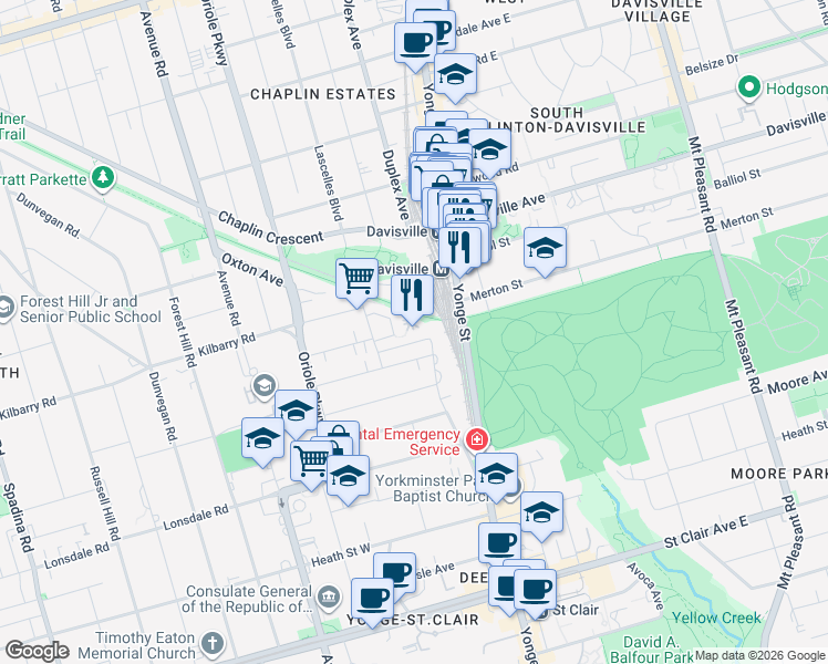 map of restaurants, bars, coffee shops, grocery stores, and more near 19 Lascelles Boulevard in Toronto