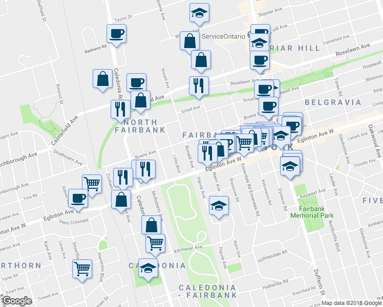 map of restaurants, bars, coffee shops, grocery stores, and more near 25 Ronald Avenue in Toronto