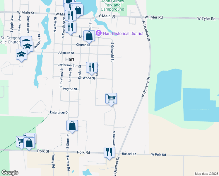 map of restaurants, bars, coffee shops, grocery stores, and more near 615 South Griswold Street in Hart