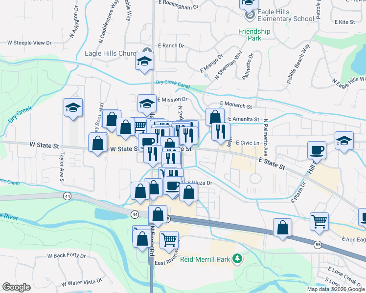 map of restaurants, bars, coffee shops, grocery stores, and more near 169 East State Street in Eagle
