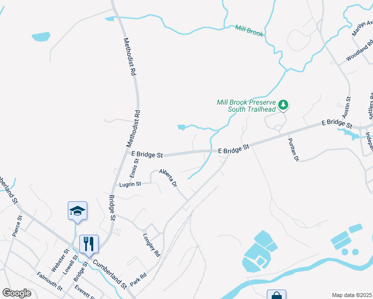 map of restaurants, bars, coffee shops, grocery stores, and more near 97 East Bridge Street in Westbrook