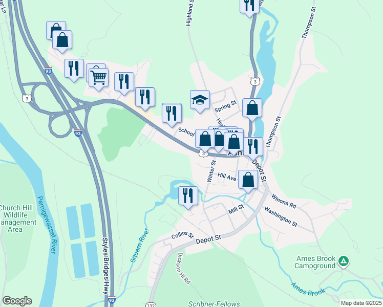 map of restaurants, bars, coffee shops, grocery stores, and more near 85 Main Street in Ashland